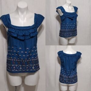 Anthropologie Floreat Silk Embroidered Babydoll Tank Top Ruffle Trim Boho Size 2